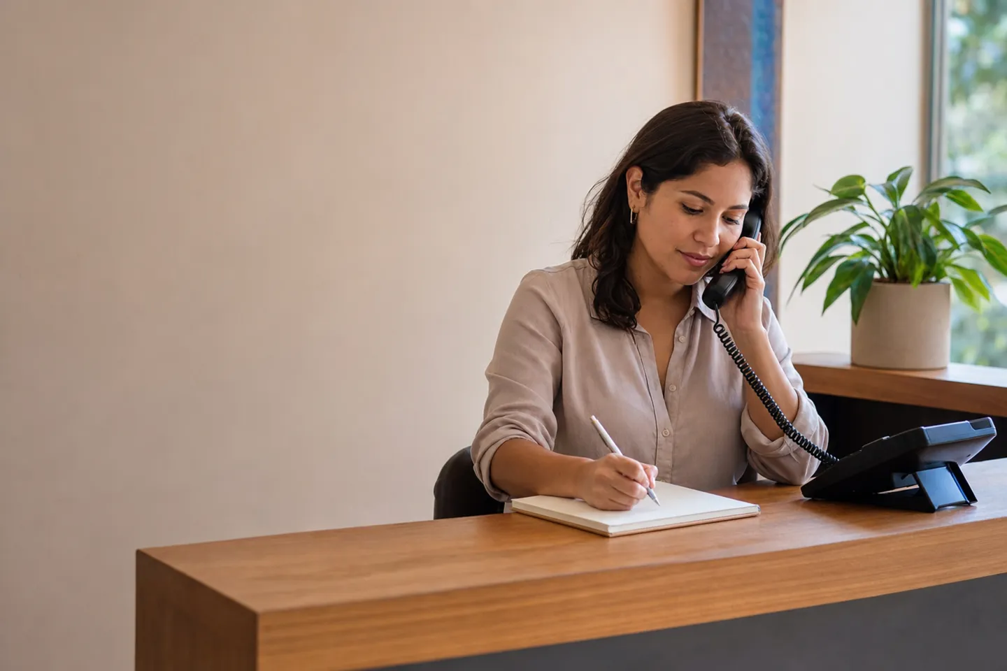Profesional de recepción atiende una llamada en un consultorio cálido.