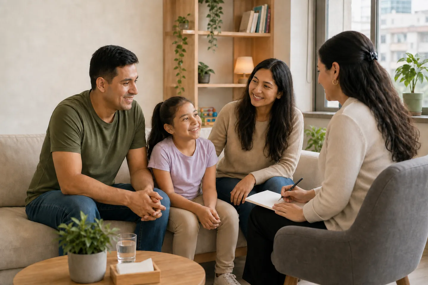 Familia conversa con optimismo con una psicóloga en un consultorio cálido y luminoso.